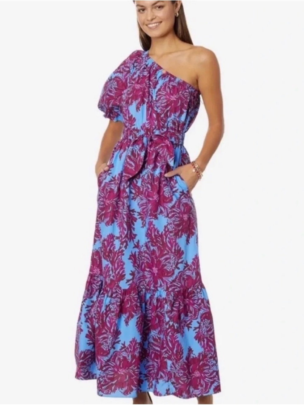 Lilly Pulitzer One-Shoulder Floral Maxi Dress in Blue and Magenta